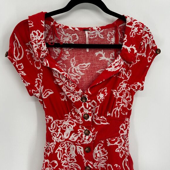 FREE PEOPLE Red Orange Floral Print Linen Button Up Babydoll Mini Dress Size 2 - Picture 5 of 8